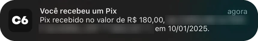 Pix de R$ 180,00 recebido em 10/01/2025