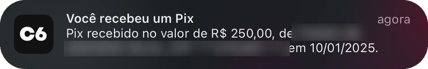 Pix de R$ 250,00 recebido em 10/01/2025